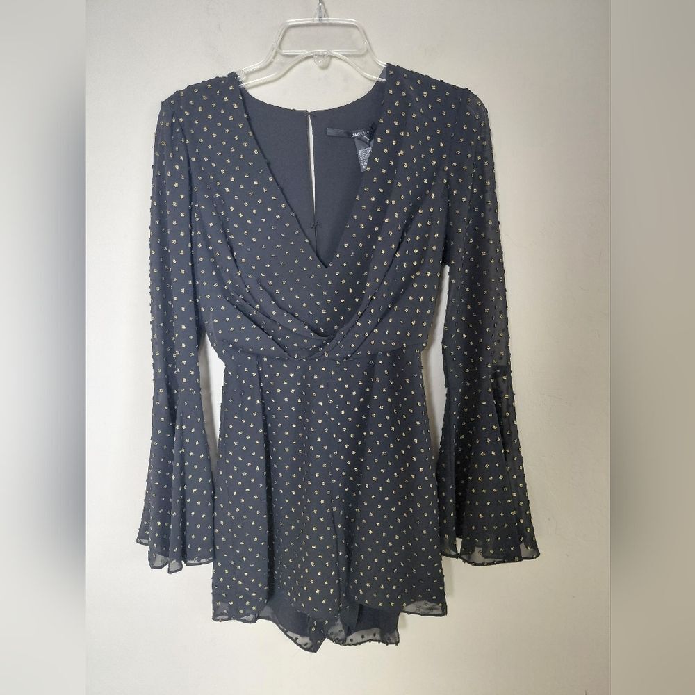 JAY GODFREY Black/Gold Polka Dot ROMPER Long Bell Sleeves NWT Size 0